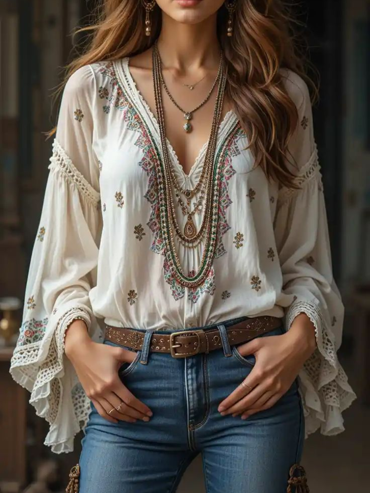 Ethnic Boho Fashion - Women V-neck Ethnic Style Long-Sleeved Top