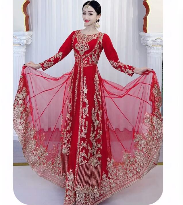 Salwar Kameez Set - Red Indian Dance, Xinjiang Dance Costumes,