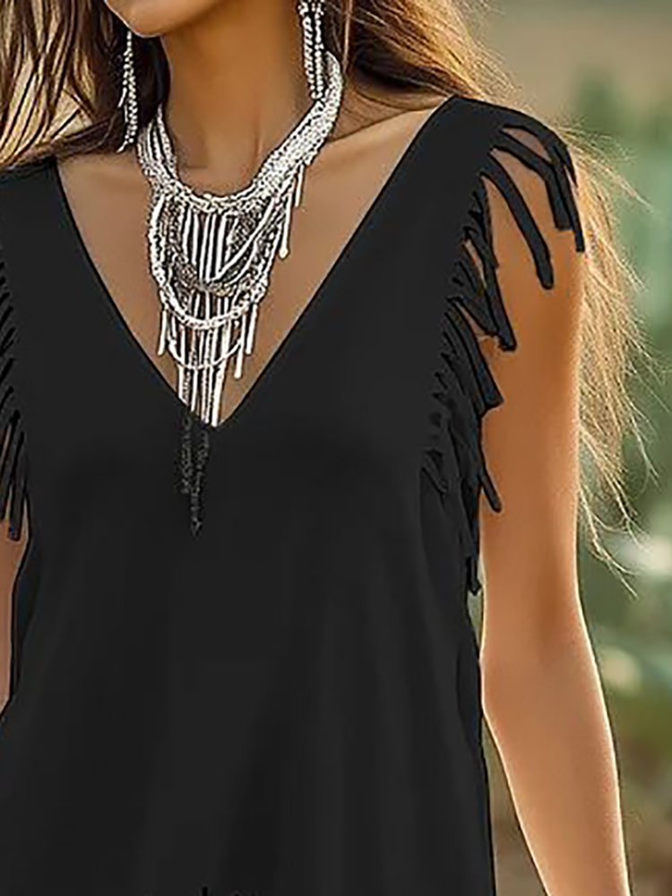 Black Fringed Casual Sleeveles - Ethnic Boho Fashion บทวิจารณ์และราคา