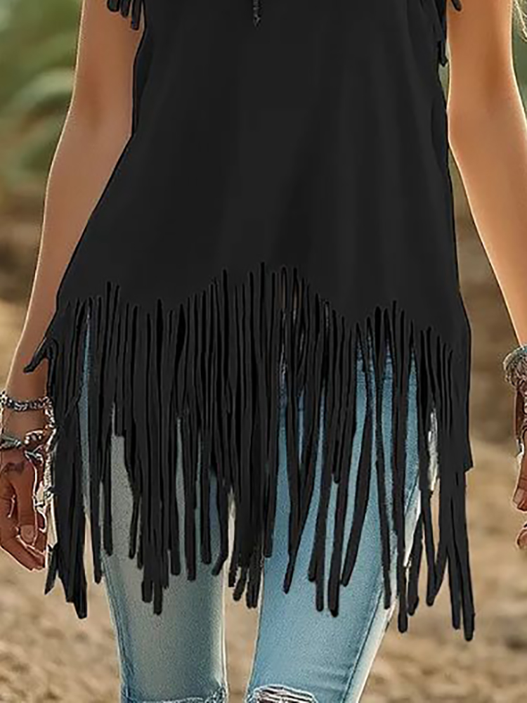 Black Fringed Casual Sleeveles - Ethnic Boho Fashion บทวิจารณ์และราคา
