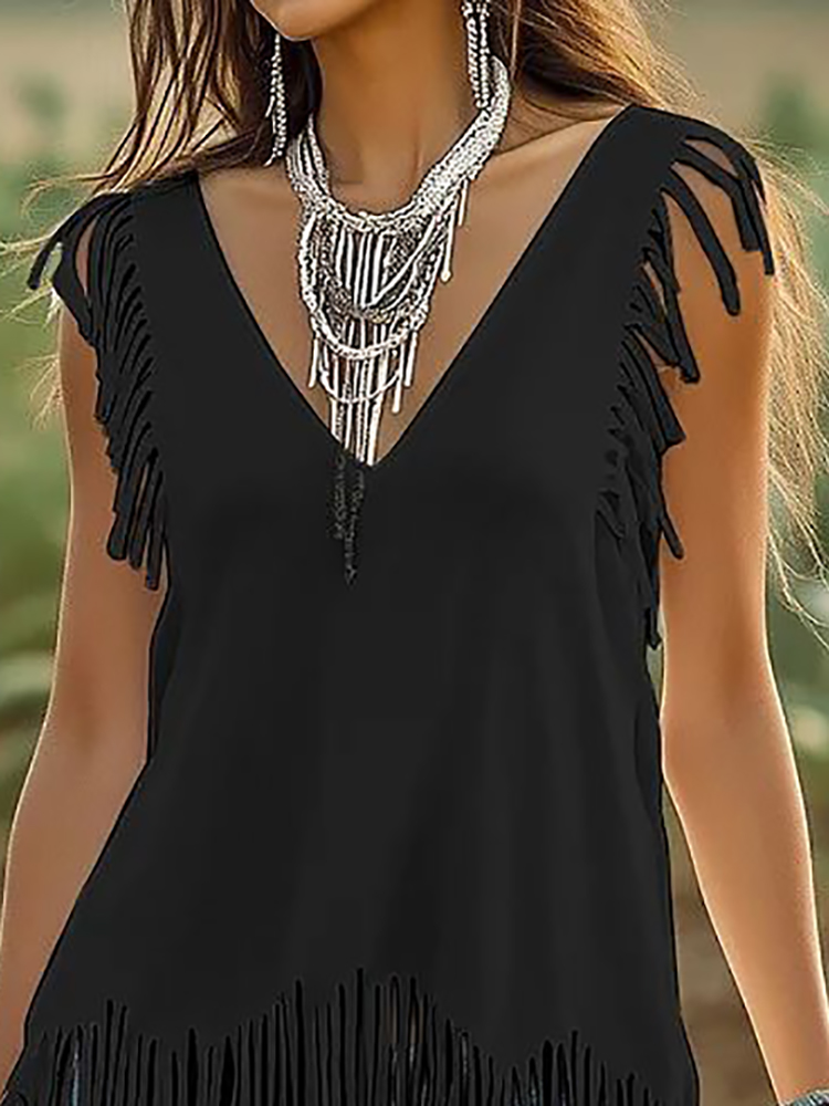 Black Fringed Casual Sleeveles - Ethnic Boho Fashion บทวิจารณ์และราคา