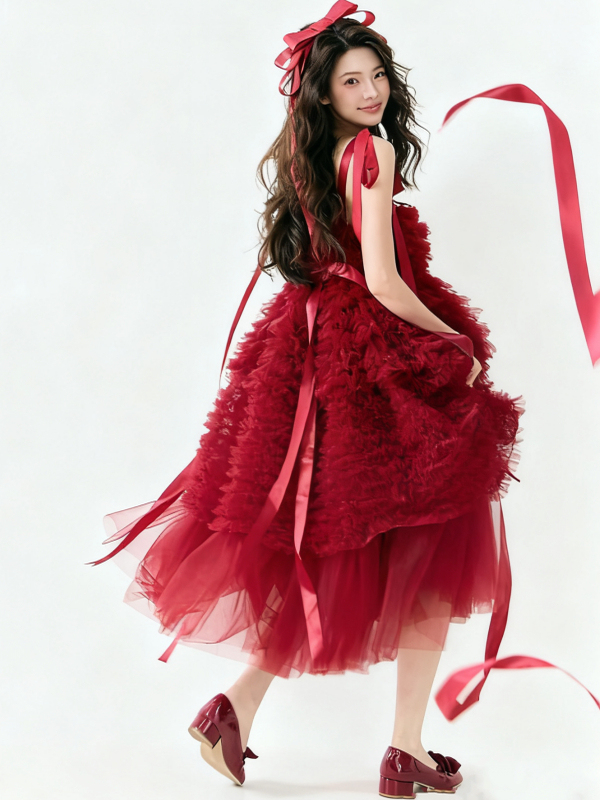 Red Tulle Skirt Artistic Birth - Ethnic Fashion Studio บทวิจารณ์และราคา
