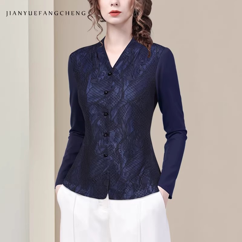 Women' V neck Long Sleeve Blue - Thai Silk Blouse บทวิจารณ์และราคา