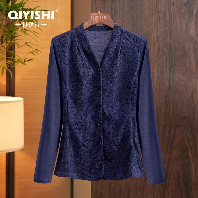 Women' V neck Long Sleeve Blue - Thai Silk Blouse บทวิจารณ์และราคา
